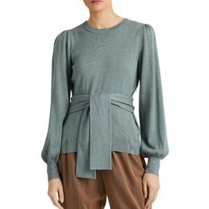 Ralph Lauren Belted Cotton-Blend Sweater Puff Sleeve Light Teal Heather Womens M